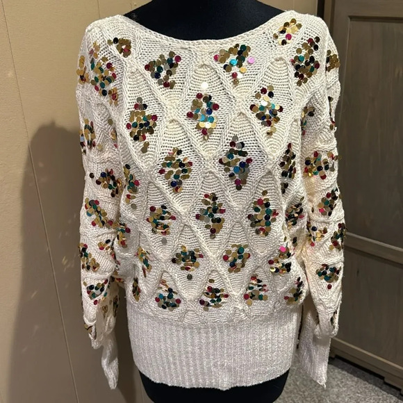 Anthropologie Lara ivory soft silky diamond pattern knit sequen accent sweater S - Picture 3 of 9